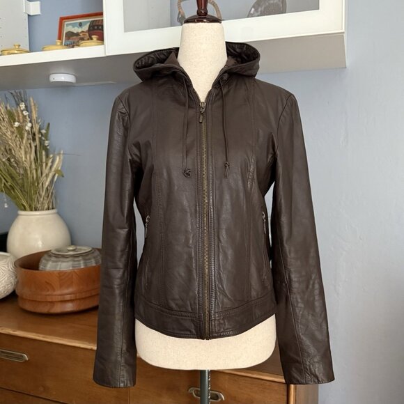 Vintage 90’s AVIREX Tactical Systems Brown Leather Hooded Jacket Womens Sz M - Picture 1 of 9